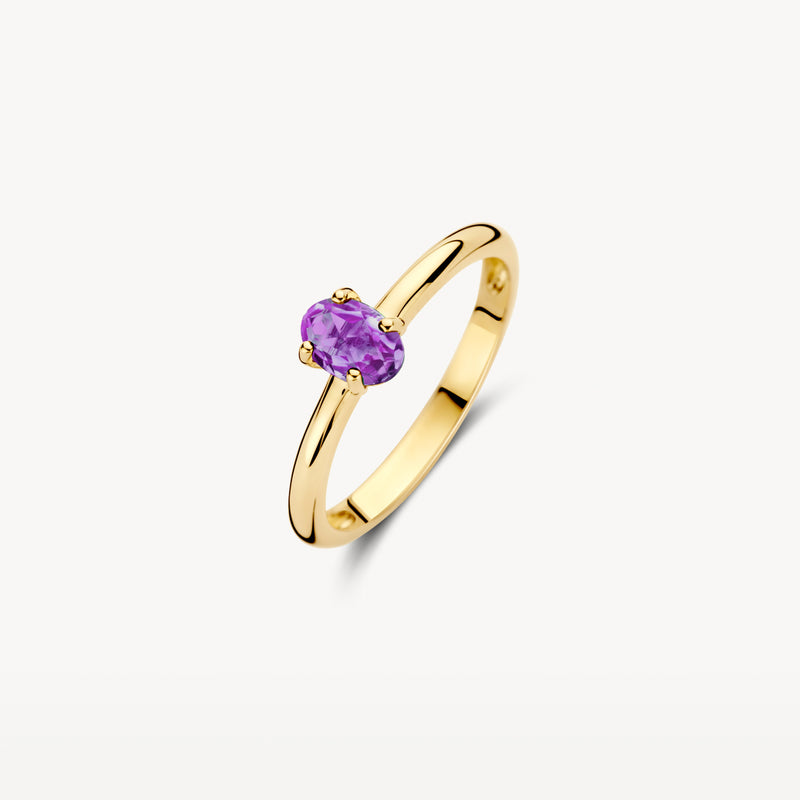 14k geelgouden ring met ovale amethyst solitair en gladde band.