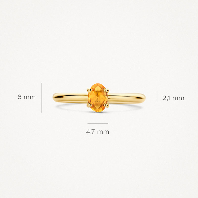14k geelgouden ring met ovale citrien edelsteen en smalle band 2,1 mm breed.