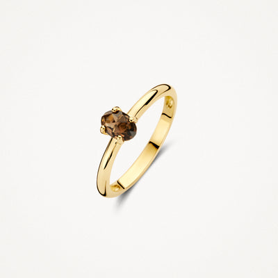 14k geelgouden ring met ronde smokey quartz solitair in zetting.