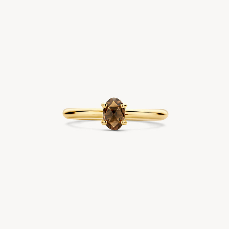 14k geelgouden ring met ovale smokey quartz en fijne, slanke band.