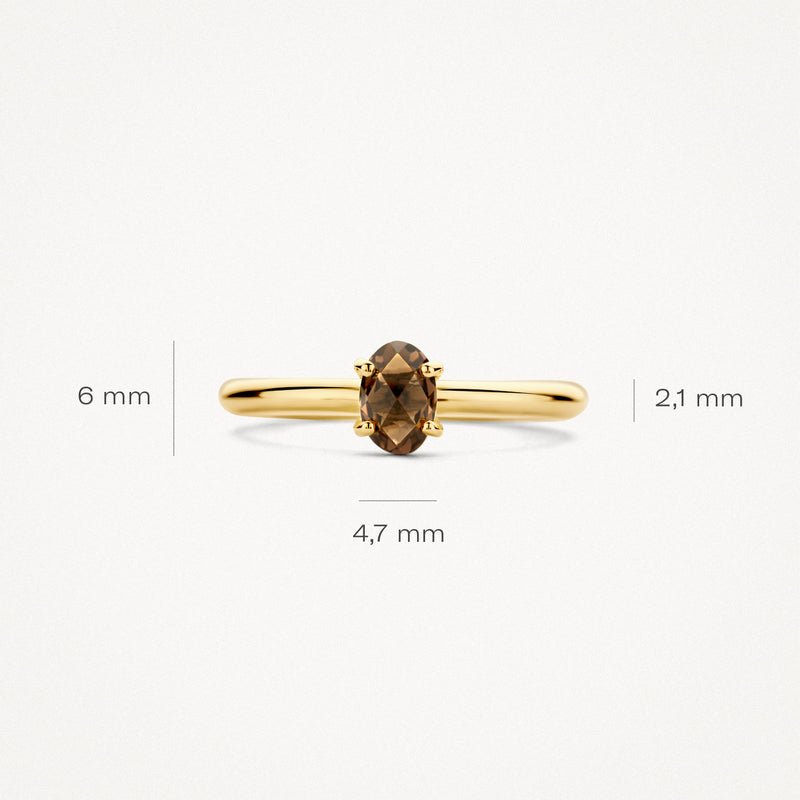 14k geelgouden ring met ovale smokey quartz en fijne band van 2,1 mm breedte.