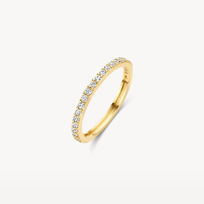 14k geelgouden ring met fijne rij zirkonia's en slanke band.