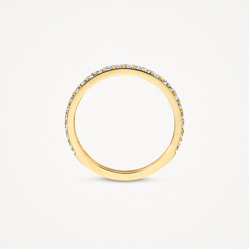 14k geelgouden ring met fijne zirkonia steentjes rondom, smalle band.