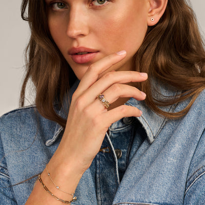 Ring of 14k gold with bicolor design worn on index finger, paired with denim blouse.