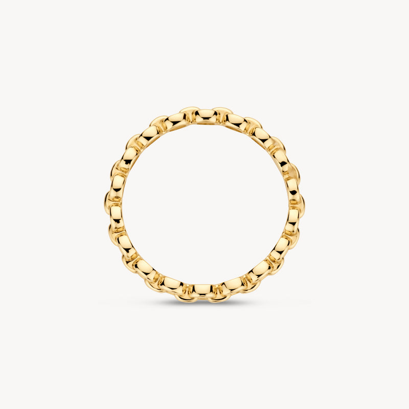 Ring van 14k geel goud met bolvormige schakels in bicolor goud ontwerp.