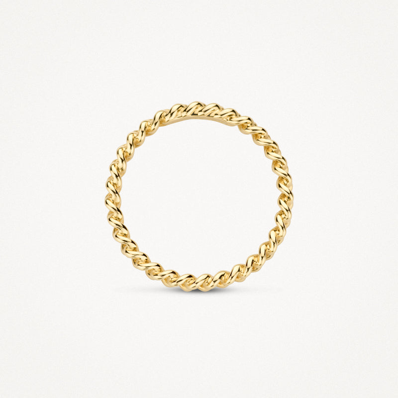 Dunne 14k goud ring met gedraaide bicolor goud ontwerp.