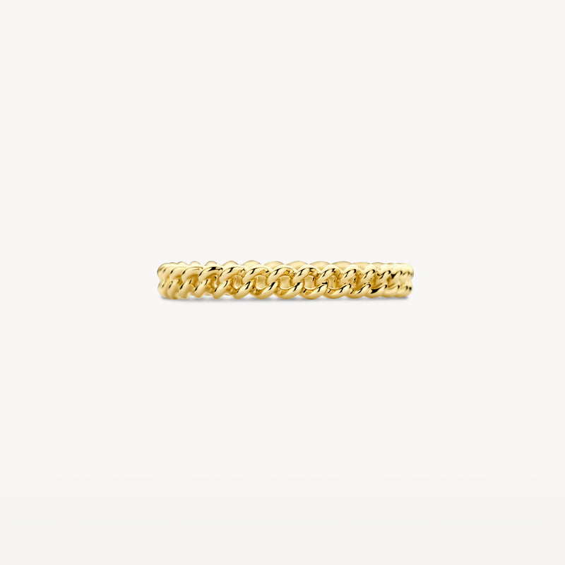 14k geelgouden ring met schakelpatroon in smalle, glanzende afwerking.
