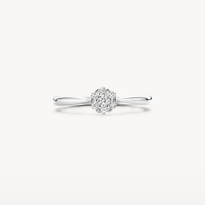 Ring van 14k wit goud met centraal cluster van fonkelende zirkonia's.