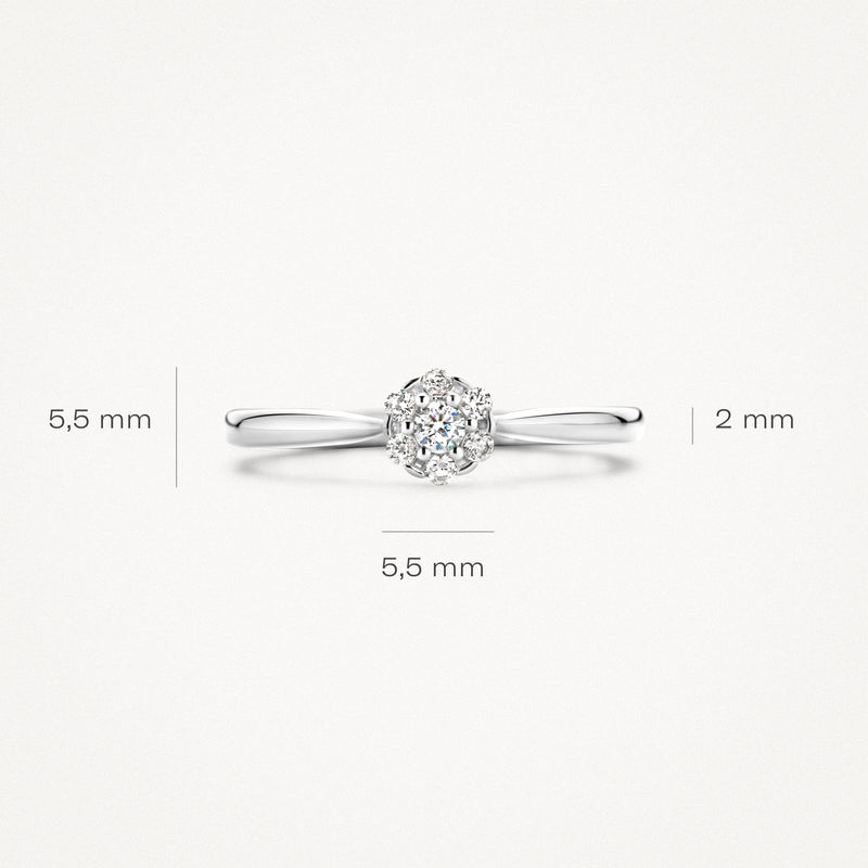 14k witgouden ring met ronde zirkonia en slanke band van 2 mm breedte.