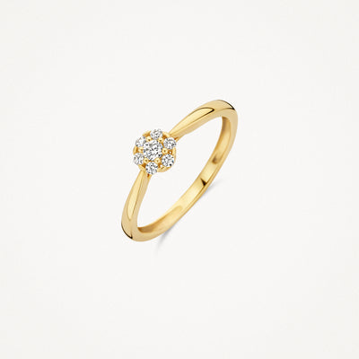 14k geelgouden ring met cluster van sprankelende zirkonia stenen.