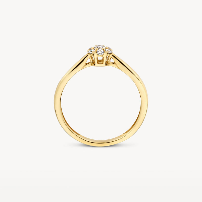 14k geelgouden ring met centrale zirkonia en slanke band.