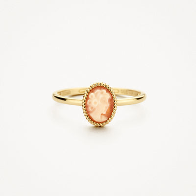 14k geelgouden ring met oranje camee en parelrand, bicolor goud detail.