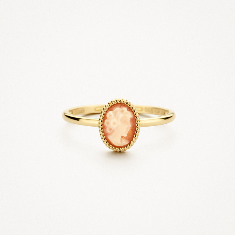 14k geelgouden ring met oranje camee en parelrand, bicolor goud detail.