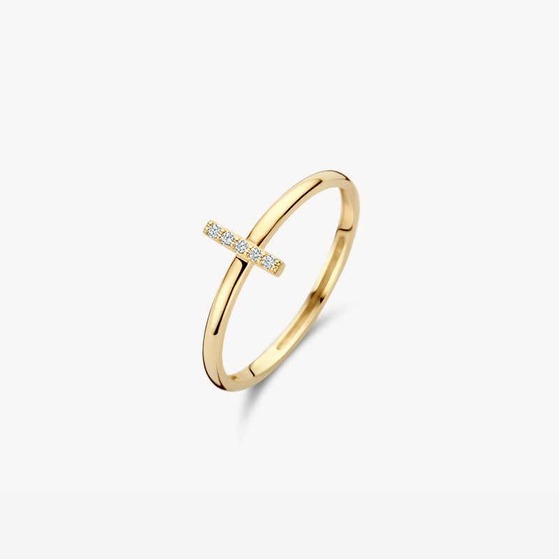 14k geelgouden aanschuifring met kleine zirkonia in horizontale rij.