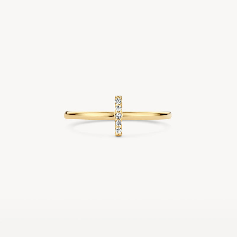 Dunne aanschuifring van 14k geelgoud met verticaal rijtje zirkonia's.