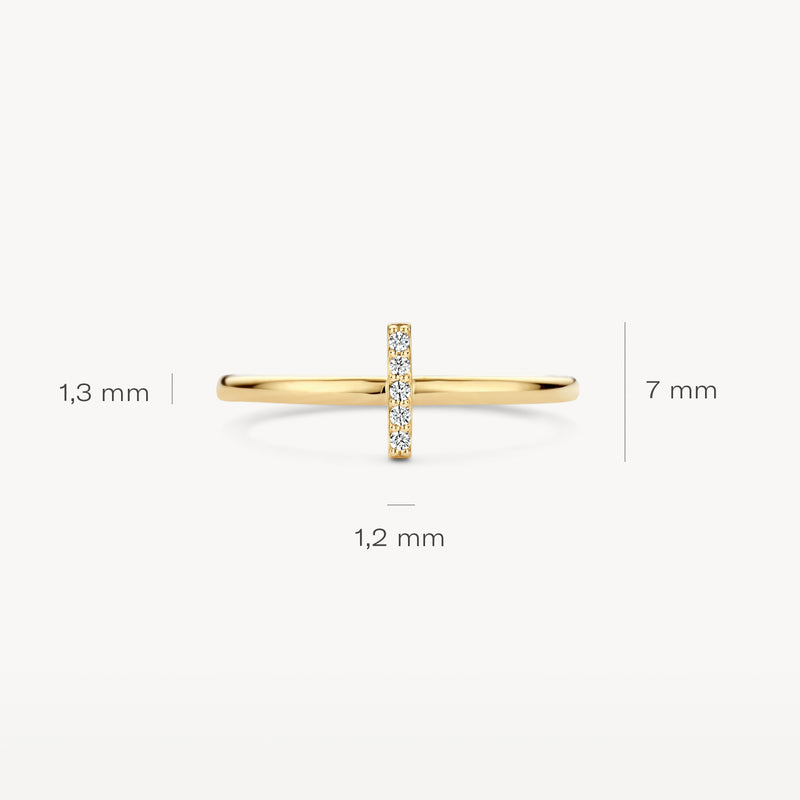 14k geelgouden aanschuifring met smalle band en rechte zirkoniastenen van 7 mm breed.