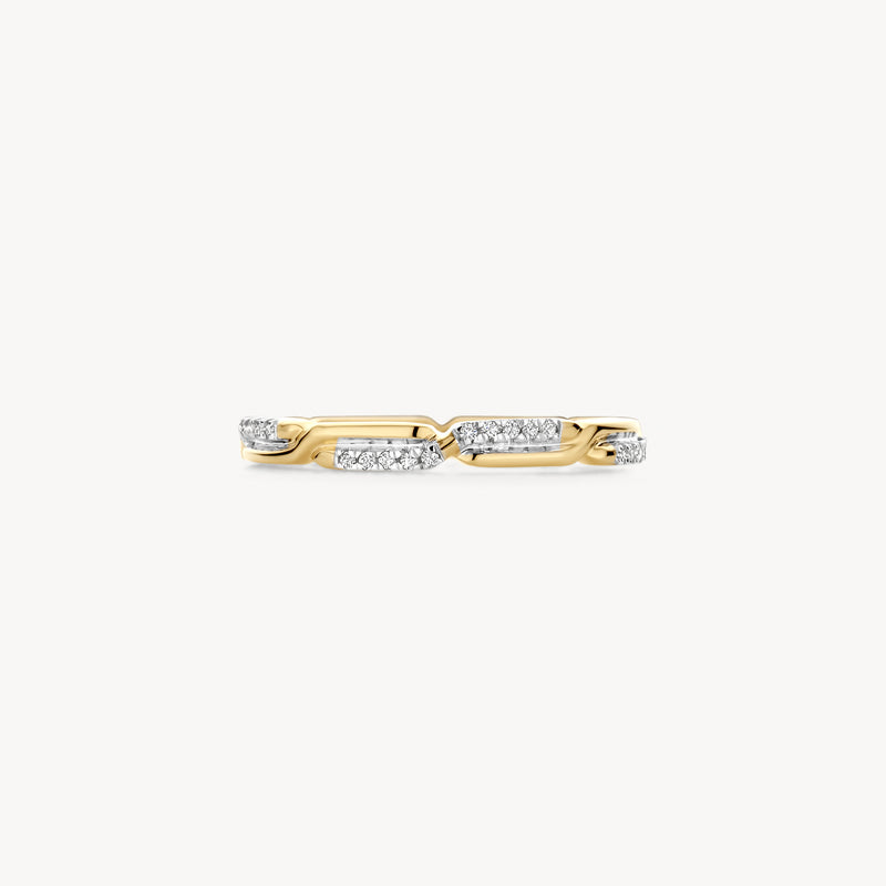 Bague bicolore en or jaune et blanc 14k avec zircone en motif géométrique.