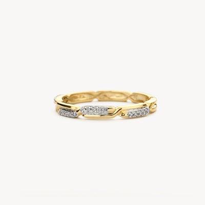 Bicolor ring van 14k geel en wit goud met zirkonia's en schakeldetail.