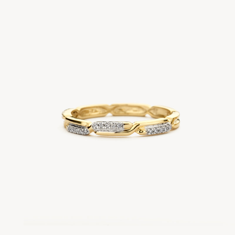 Bicolor ring van 14k geel en wit goud met zirkonia's en schakeldetail.