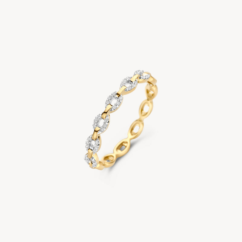 Bague bicolore en or jaune 14k et blanc 14k avec six pierres de Zircone de forme ovale.