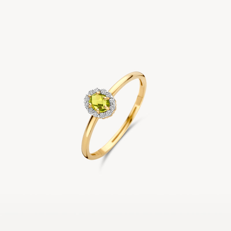 14k geelgouden ring met ronde peridot en kleine witgouden halo, fijn model.