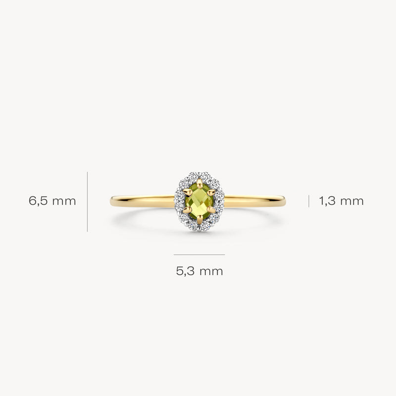 14k geelgouden ring met ovale peridot en kleine diamantcirkel, smal bandje 1,3 mm.