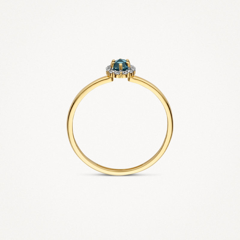 14k geelgouden ring met ronde blauwe topaas en delicate band.
