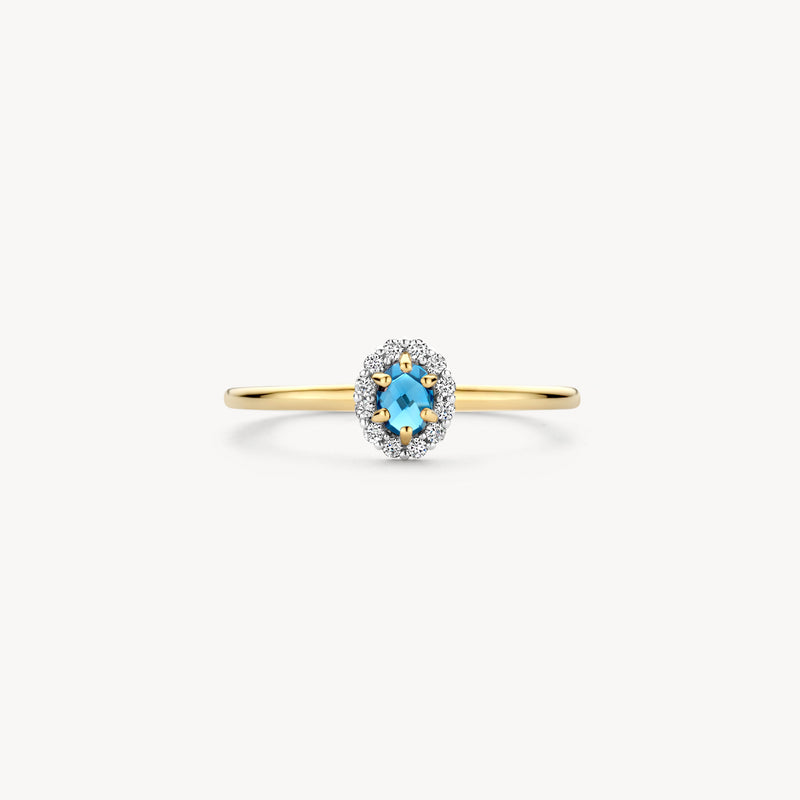 14k geelgouden ring met ronde blauwe topaas en omlijsting van kleine diamanten.