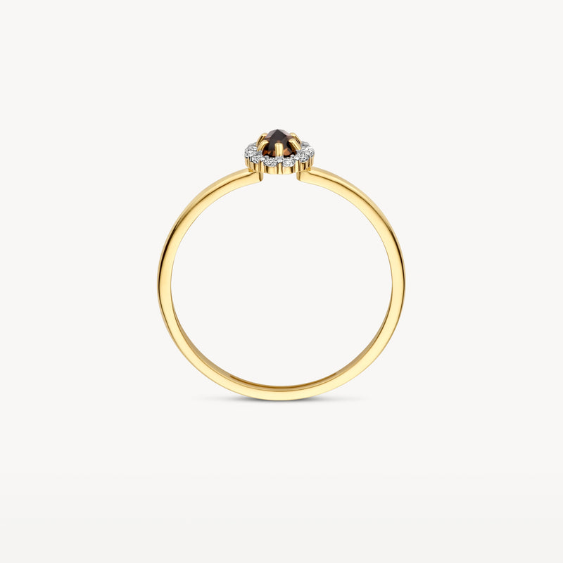 Dunne 14k geelgouden ring met ronde smokey quartz in open zetting.