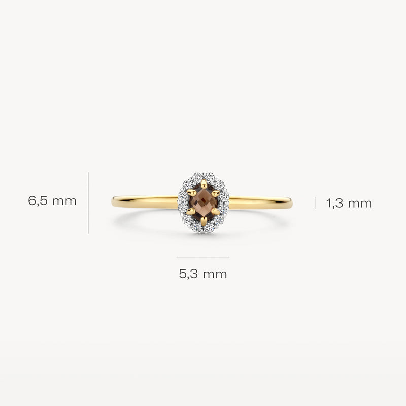 14k geelgouden ring met ronde smokey quartz en kleine glinsterende diamantjes, smal model.