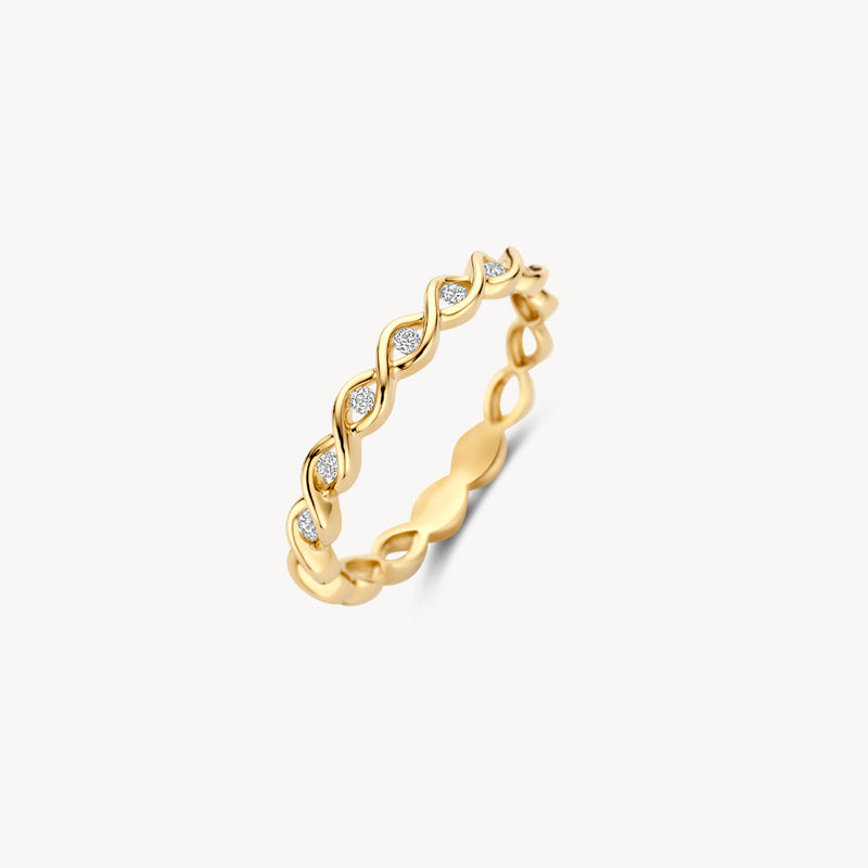 Bague bicolore en or jaune 14k et zircones brillantes en motif ondulé.
