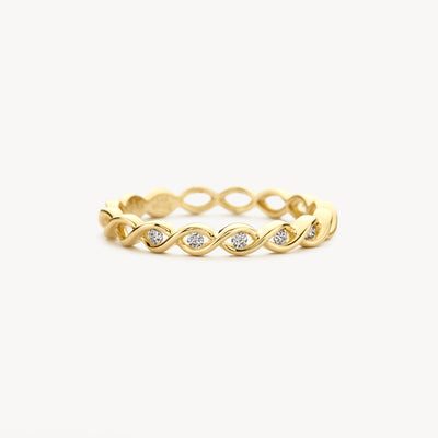 14k goud aanschuifring met opengewerkte lusvorm en zirkonia's.