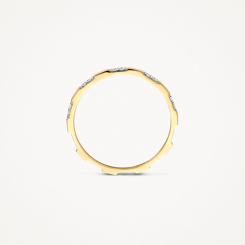 14k geelgouden ring met kleine zirkonia accenten en ronde vorm.