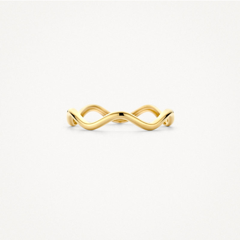 Smalle ring van 14k geelgoud met golvend ontwerp en glanzende afwerking.