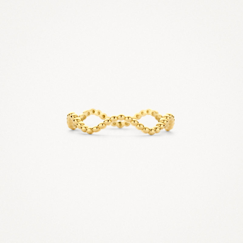 14k geelgouden aanschuifring met bolletjes patroon en lusvormige details.