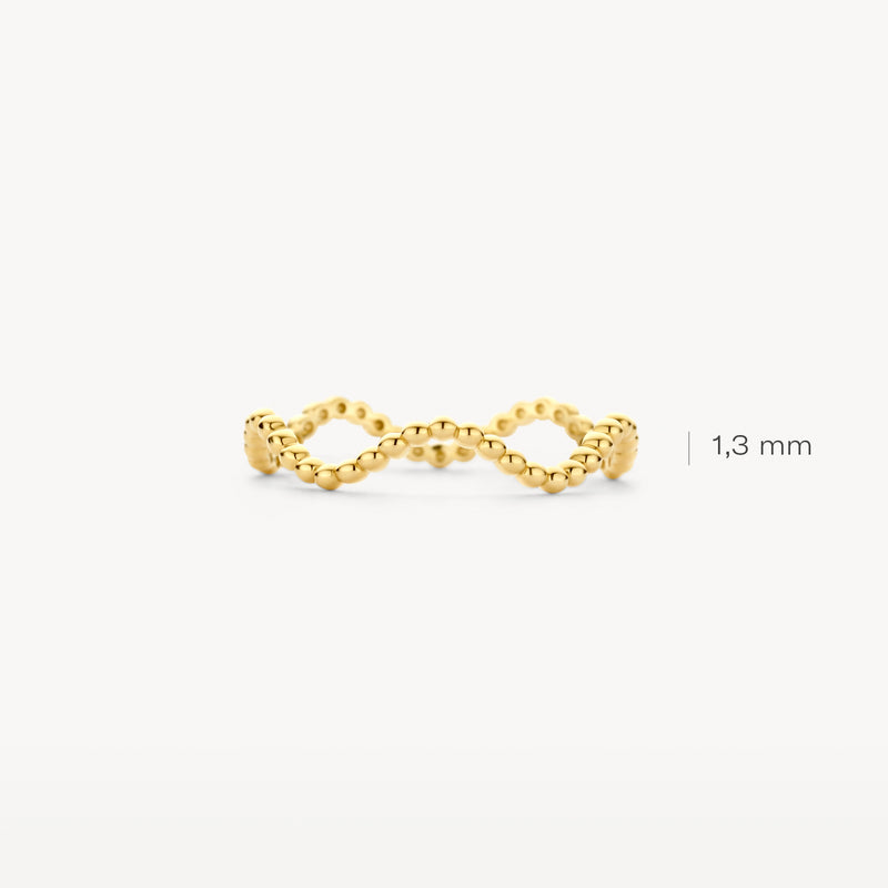 Dunne ring van 14k geelgoud met kleine bolletjes en opengewerkt infinity-patroon, 1,3 mm breed.