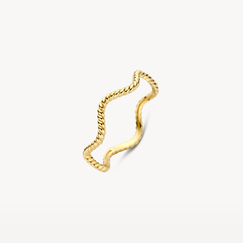 Dunne 14k geelgouden ring met golvend en getextureerd ontwerp.
