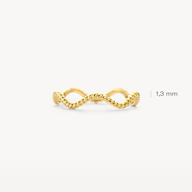 Licht gebogen 14k geelgouden ring met gedraaide en gladde details, 1,3 mm breedte.
