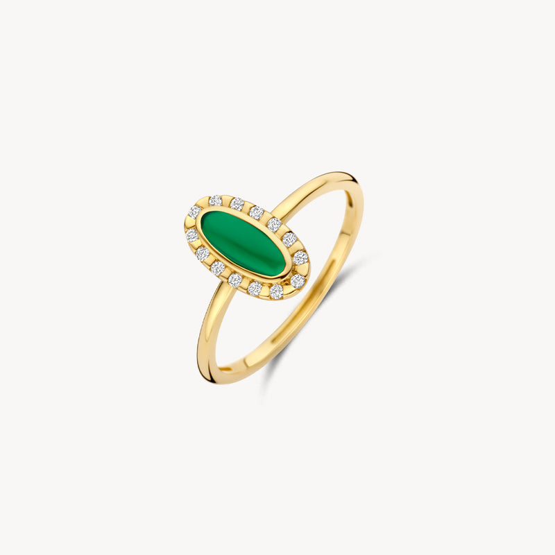 14k gouden ring met ovale groene agaat en omlijsting van kleine diamanten.