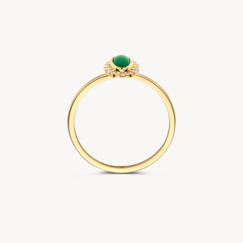 14k Goud ring met ronde groene agaat en subtiele zirkonia accenten.