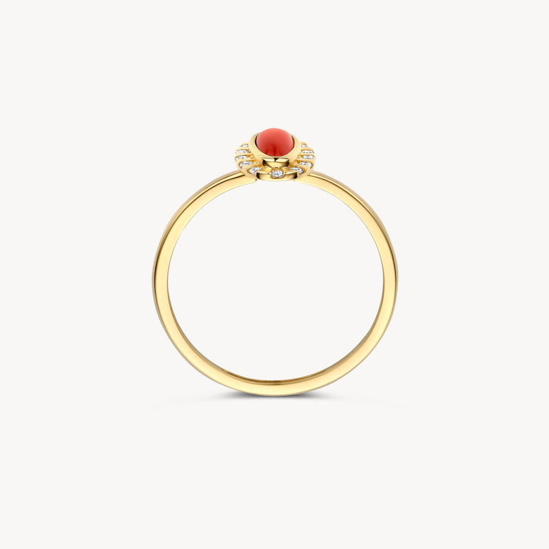 Bague en or jaune 14k avec une petite Agate rouge et de fins détails bicolores.