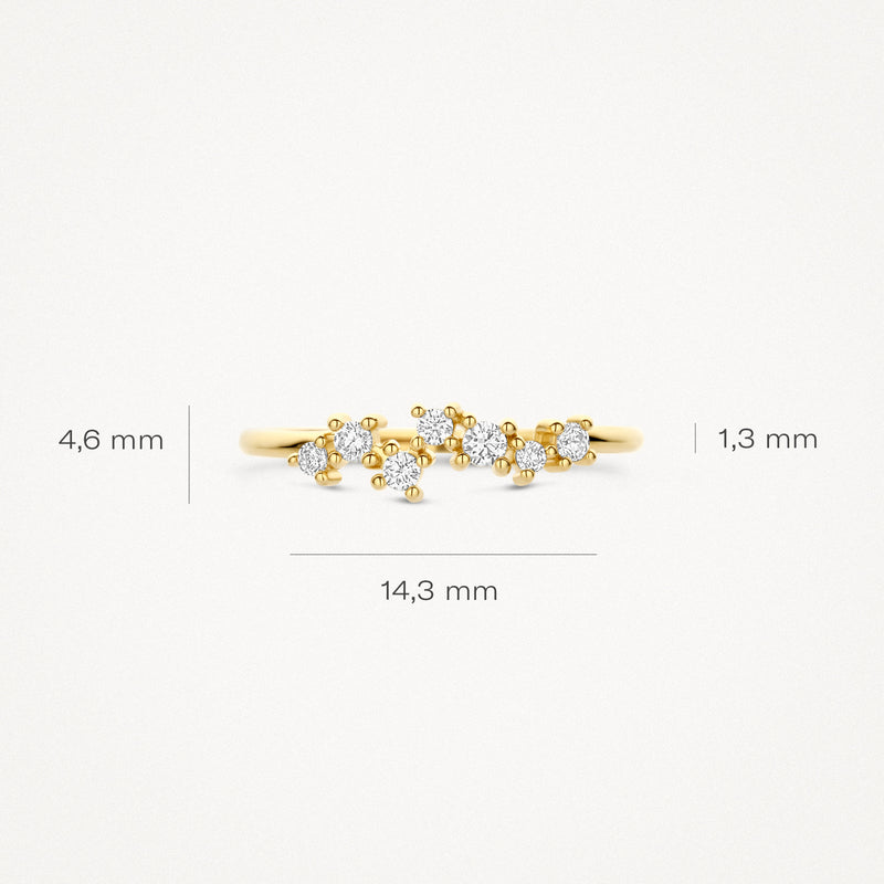 14k goud ring met cluster van kleine zirkonia's, 14,3 mm breedte, 4,6 mm hoogte, 1,3 mm dikte.