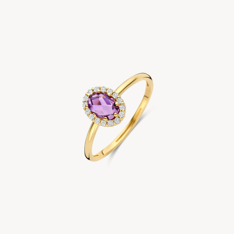 14k Gouden ring met druppelvormige amethyst en kleine fonkelende diamanten.