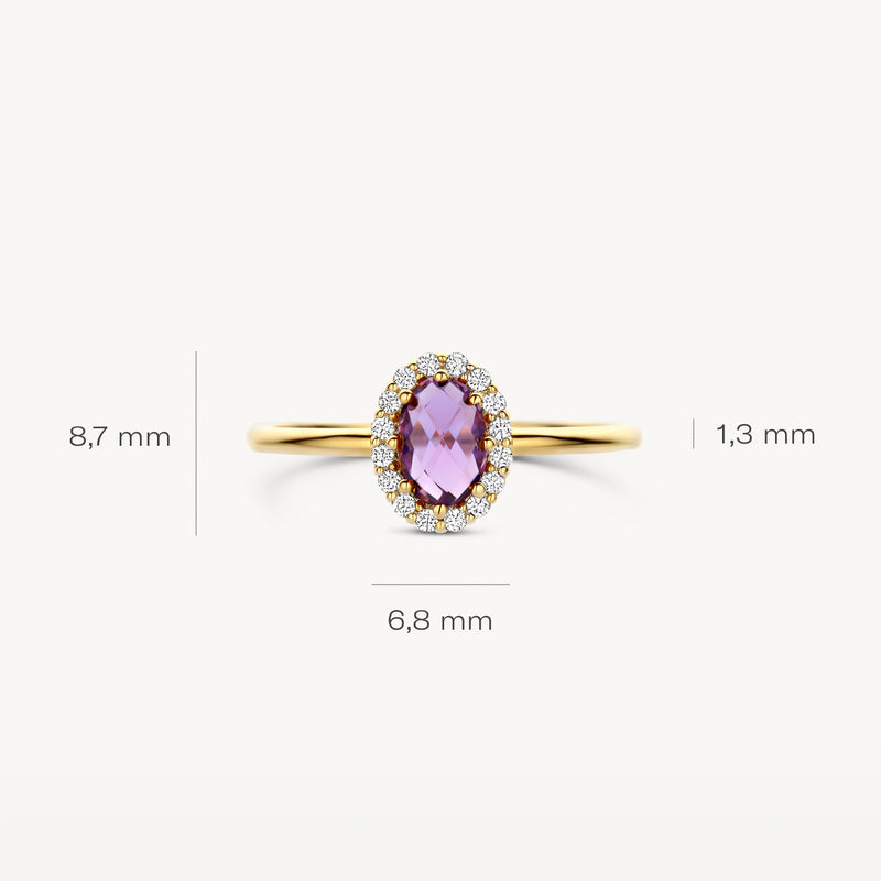 14k goud ring met ovale amethist en schakelende diamantaccenten, smal model.
