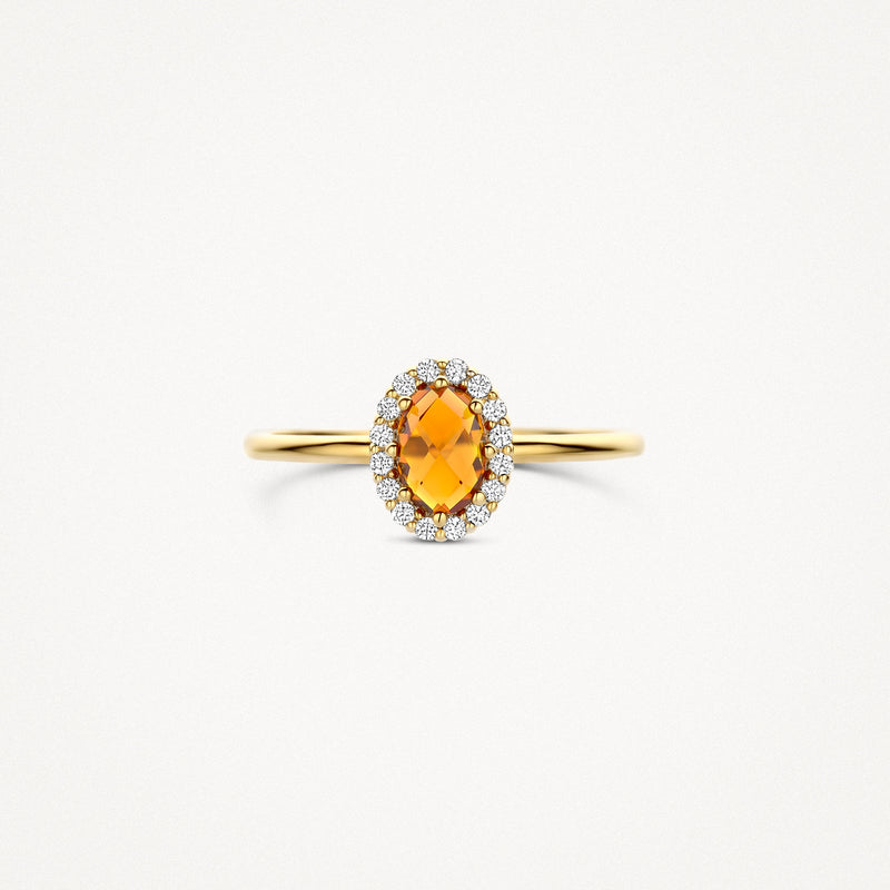 Bague en or 14k avec citrine ovale de Madère et halo de diamants, modèle étroit.