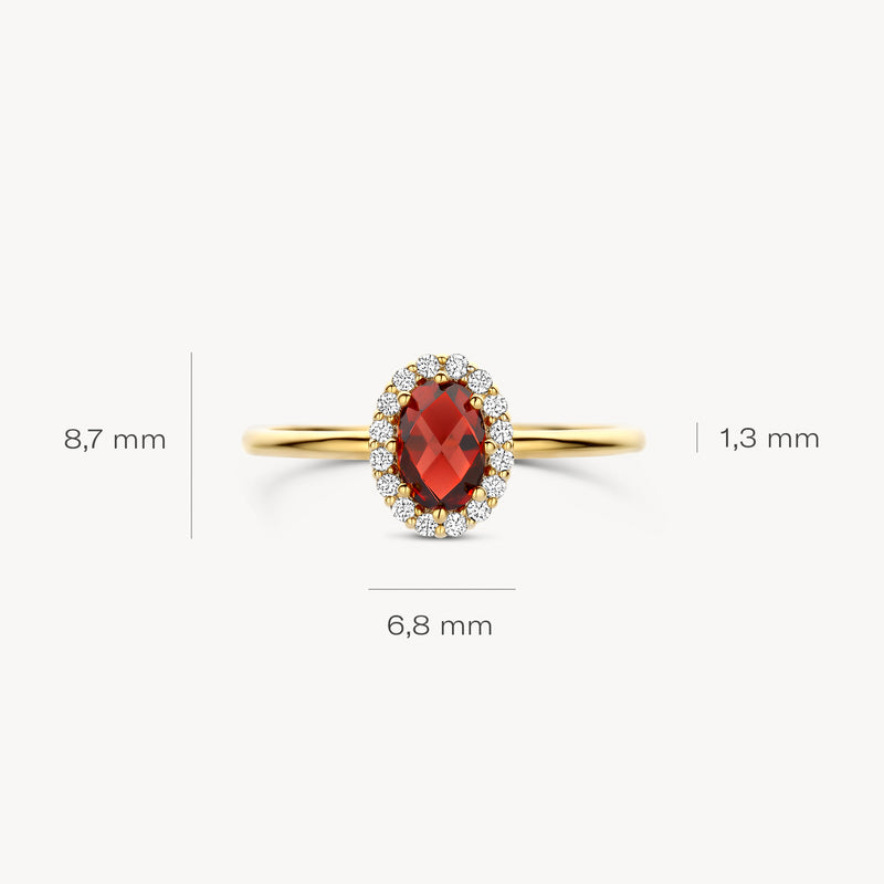 14k geelgouden ring met ovale Mozambique granaat en omlijsting van kleine diamanten.