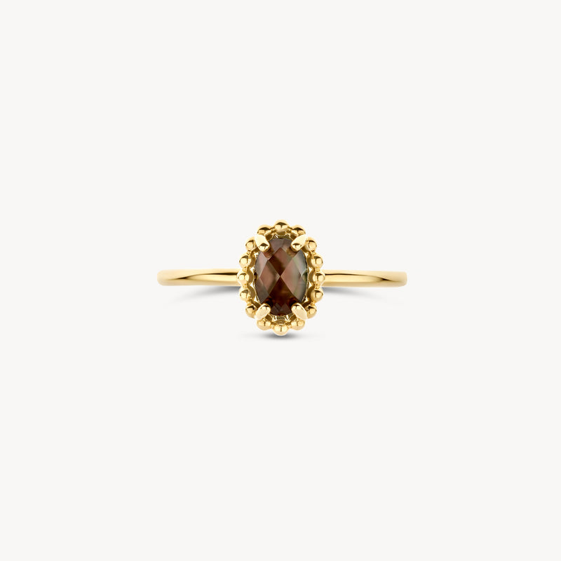 Bague fine en or 14k avec monture ovale en quartz fumé et nacre.