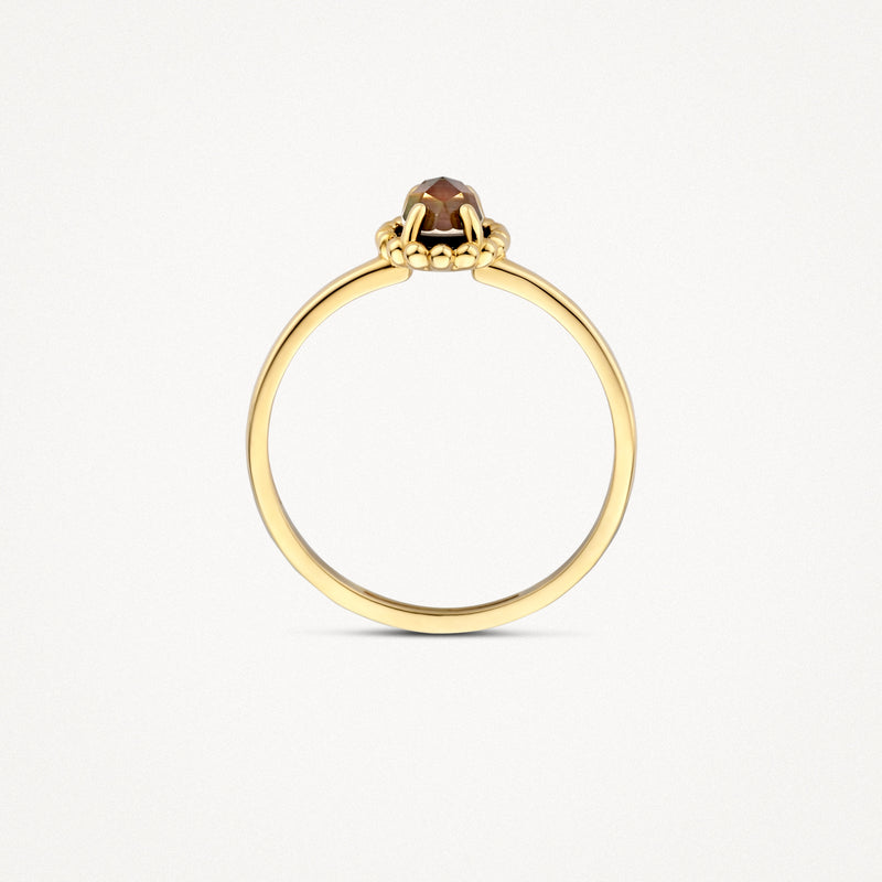 Bague étroite en or 14k avec cristal de roche rond en sertissage et accent perlé.