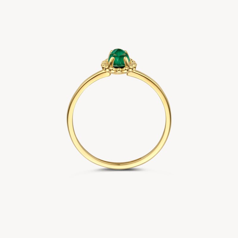 14k goud ring met ronde malachiet steen en bergkristal accents.