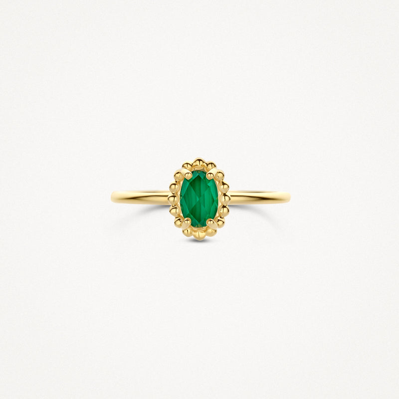585er Goldring mit ovalem Malachit und detailliertem Rand.